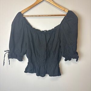 ambiance Black Peasant Top Blouse Crochet